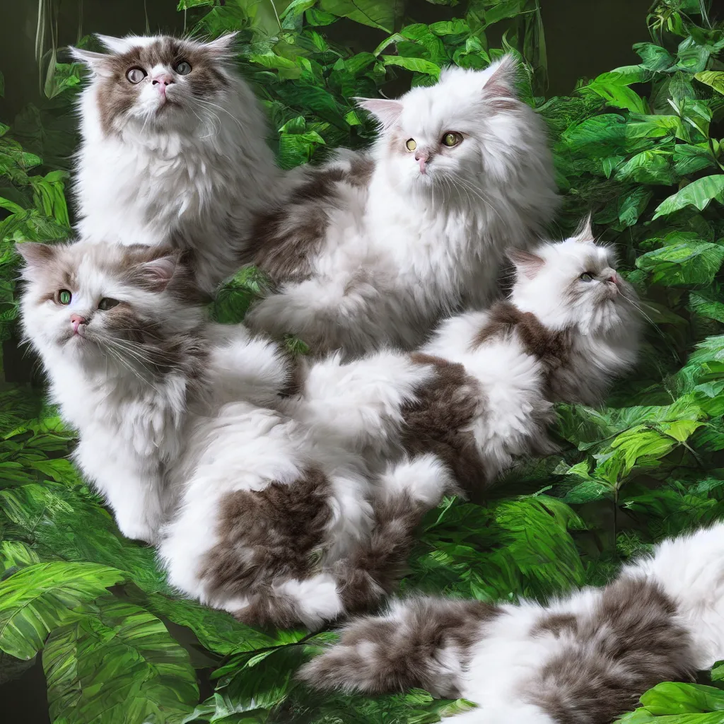 Image similar to ragdoll cats in a jungle, hyperrealistic, photorealism, realistic lighting, 4k