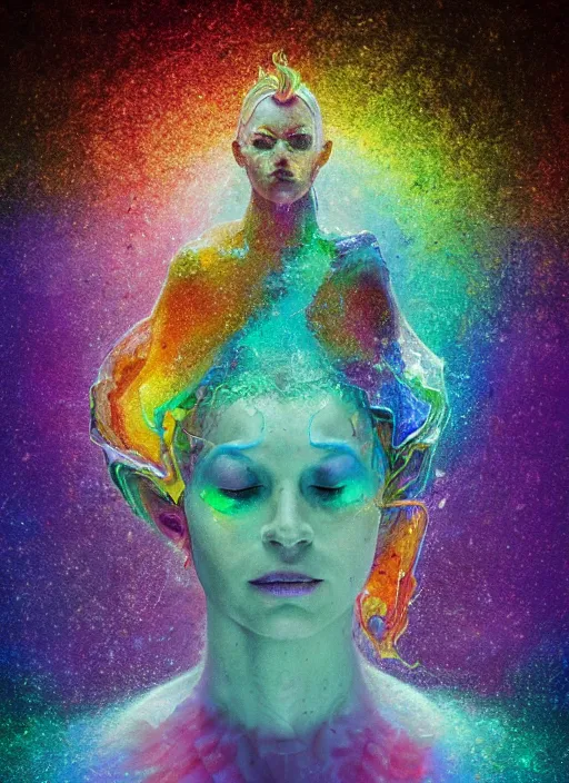 Prompt: a photo of 8k ultra realistic corrupted rainbow humanoid queen meditating, swarm of transparent glass shards, D&D, fantasy, cinematic lighting, highly detailed, in the style of Delaunay, artstation, concept art, smooth, sharp focus, illustration, warm light, cozy warm tint, magic the gathering artwork, volumetric lighting, 8k, no gold, no gold colours, art by Akihiko Yoshida, Greg Rutkowski