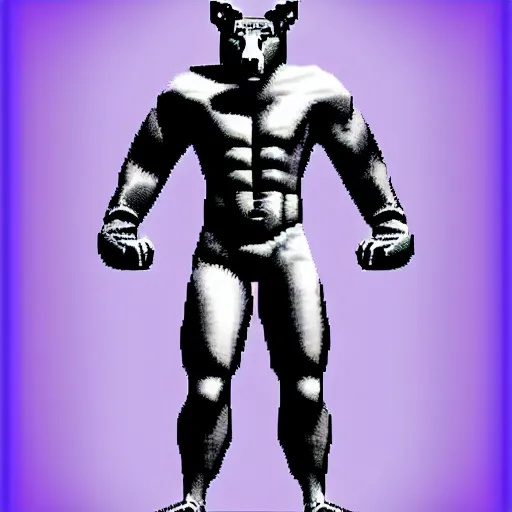 Prompt: full body shot antropomorphic muscular masculine wolf. kickboxer. wolf head. furr. 8 bit nes graphics. vaporwave futuristic 8 0's