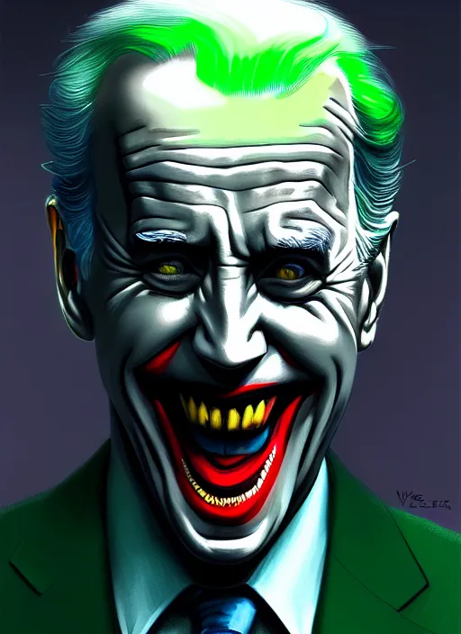 Image similar to portrait of joe biden as the joker, green hair, intricate, elegant, glowing lights, highly detailed, digital painting, artstation, concept art, sharp focus, illustration, art by wlop, mars ravelo and greg rutkowski