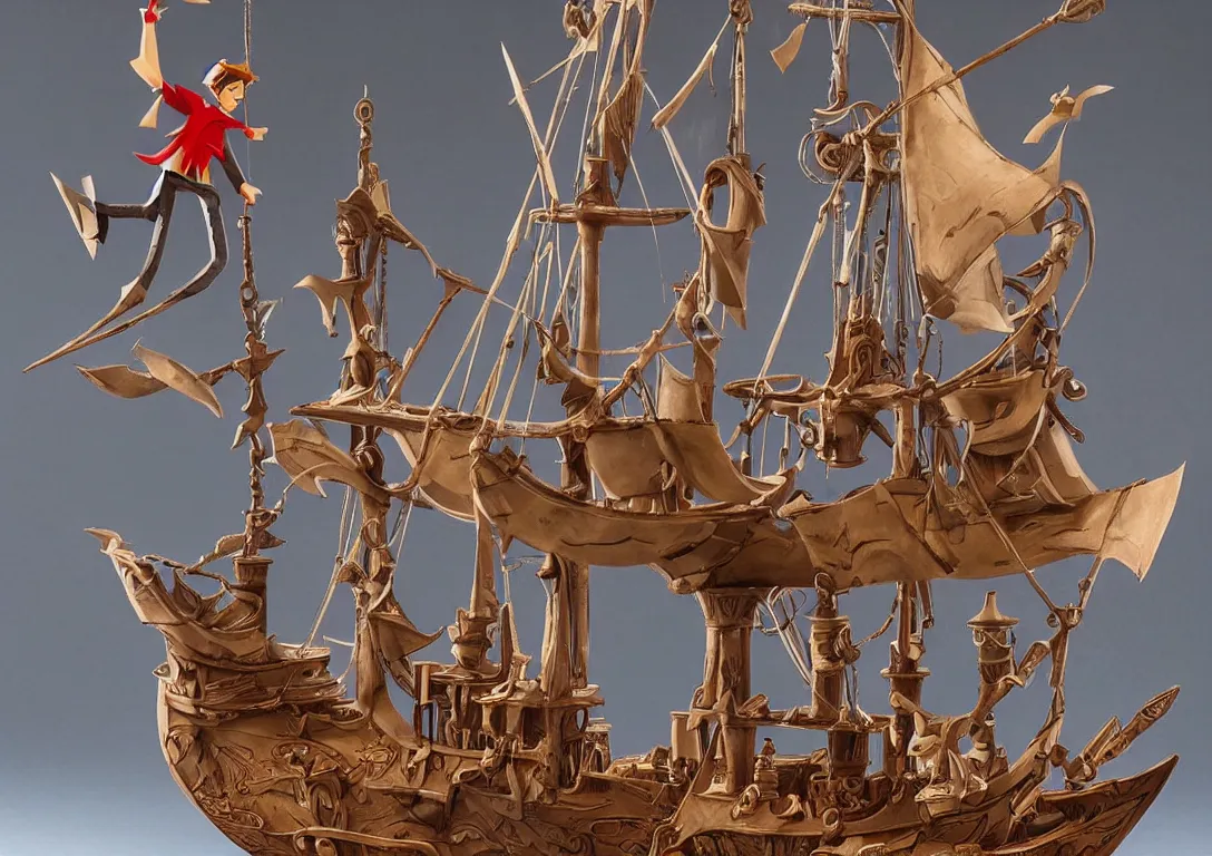 Image similar to a stylized cut paper sculpture of peter pan and captain hook on a pirate ship