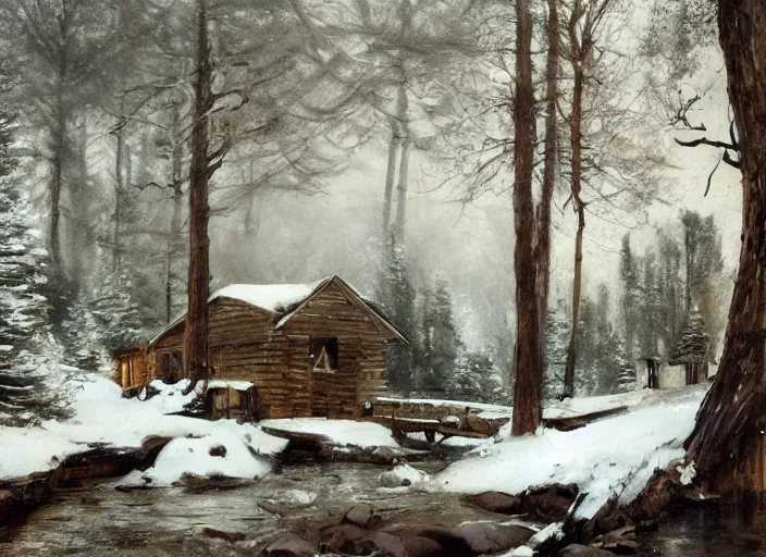 Image similar to oil painting, snow blizzard in woodland meadow, log cabin, smoke billowing from chimney, water stream, water wheel, oak trees, pine trees, wooden bridge, mild breeze wind, mountain in background, high detailed art by anders zorn, wonderful masterpiece by greg rutkowski, beautiful cinematic light, american romanticism by greg manchess, creation by tyler edlin
