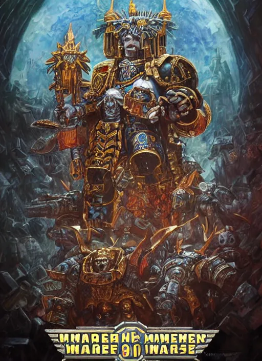 Prompt: Jeff Bezos as God Emperor of Mankind from Warhammer 40k, digital portrait by Dan Mumford and Peter Mohrbacher, highly detailed