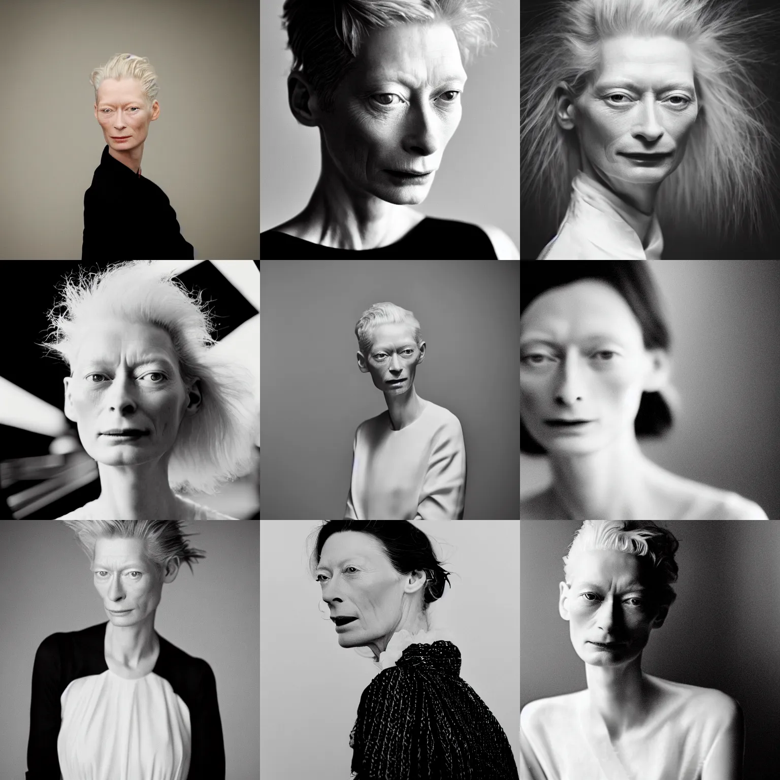 Prompt: the close - up portrait photo of young beautiful tilda swinton weared in white dress in black studio, petzval 8 5 mm