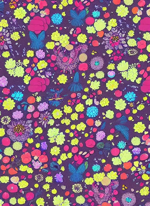 Image similar to multiverse of flowers, garden flowers pattern!!!, berries!!, dragonflies, garden monolith by satoshi kon and greg rutkowski, 7 0's vintage sci - fi design