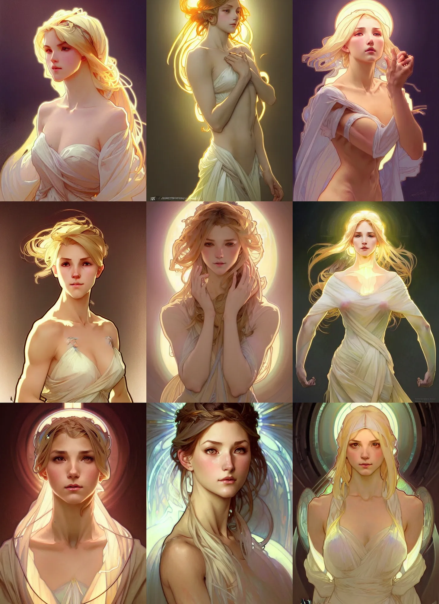 Prompt: digital character concept art by artgerm and greg rutkowski and alphonse mucha. clear portrait of a young wife blessed by god to uncontrollably become overwhelmingly perfect!! blonde, clothed, obviously feminine holy body!! light effect. hyper detailed, glowing lights!! intricate, elegant, digital painting, artstation, smooth, sharp focus