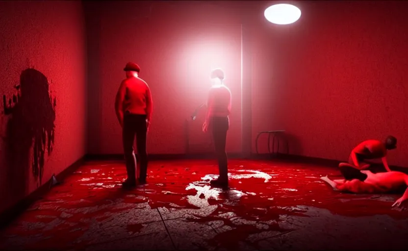 Prompt: a red murder scene with loving people, extremely intricate and detailed 8 k cinematic lighting, hyper realism