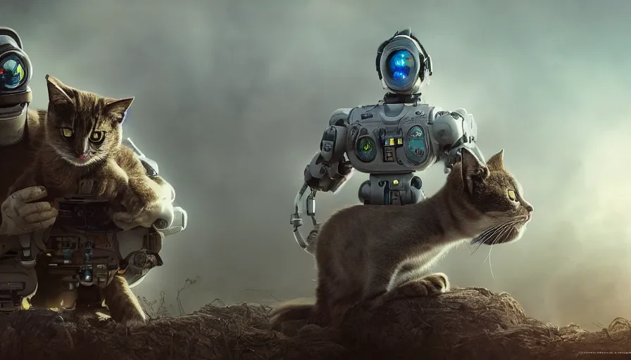 Image similar to a beautiful award-winning photo of a cyborg holding a small cat, serene post-nuclear background, a huge nuclear cloud, intricate details, numerous fires, volumetric lighting, haze, very high quality, extremely detailed, subtle visual noise, unreal engine 5, hyperrealistic, 8K
