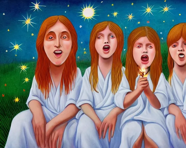 Image similar to Children in white robes with glowing pink eyes and sun ray flame hair and bare feet holding lit matches and singing flat folk art style