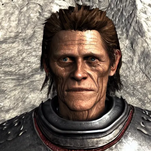 Image similar to willem dafoe in skyrim in steel plate armor