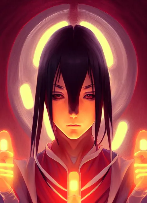 Image similar to symmetry!! itachi, glowing lights!! intricate, elegant, highly detailed, digital painting, artstation, concept art, smooth, sharp focus, illustration, art by artgerm and greg rutkowski and alphonse mucha