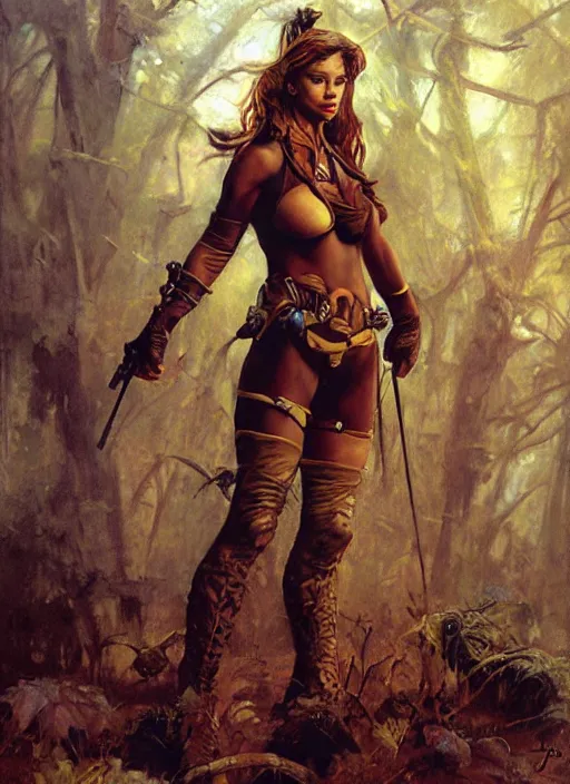 Image similar to hyper realistic hunter girl, full body, human proportion, rule of thirds, conceptart, saturated colors, cinematic, vallejo, frazetta, royo, rowena morrill, juan gimenez