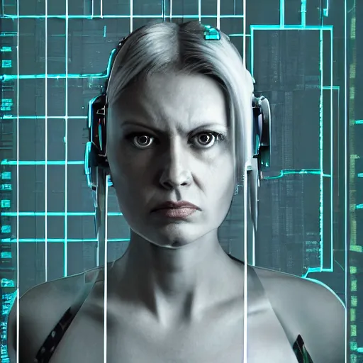 Image similar to grainy illustration of an ugly woman, wearing bionic implants, cyborg!!!! criminal!!!!, (((((high tech, cyberpunk))))), mugshot!!!!