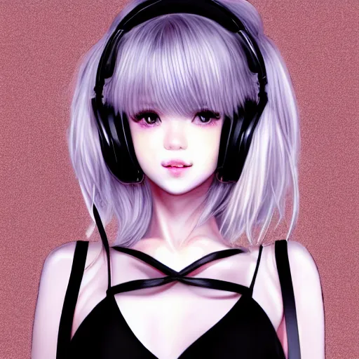 Prompt: realistic detailed semirealism beautiful gorgeous natural cute excited happy Blackpink Lalisa Manoban white hair white cat ears, wearing black camisole outfit, headphones, black leather choker artwork drawn full HD 4K high resolution quality artstyle professional artists WLOP, Aztodio, Taejune Kim, Guweiz, Pixiv, Instagram, Artstation