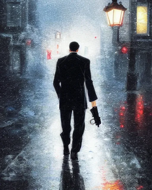 Prompt: a mystery anime of a man in a tuxedo holding a glock-19 walking down a street, gaslight, atmospheric lighting, rainy, foggy, gloomy. By Makoto Shinkai, Stanley Artgerm Lau, WLOP, Rossdraws, James Jean, Andrei Riabovitchev, Marc Simonetti, krenz cushart, Sakimichan, D&D trending on ArtStation, digital art.