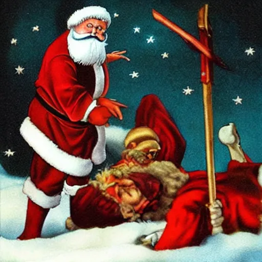 Image similar to Santa Claus vs. Jesus in an epic battle, super bloody battle, to the death