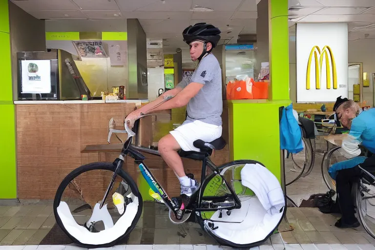 Image similar to cyclist in toilet!!! inside mcdonalds is eating donuts!!! and drinking yerba!!! mate