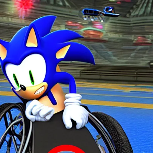 Image similar to geriatric sonic the hedgehog in a wheelchair, Sega video game