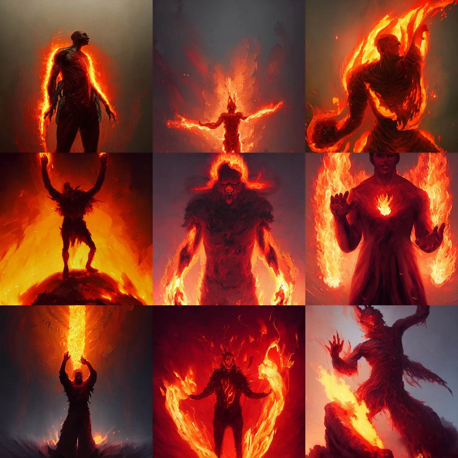 Prompt: fire elemental man made of flames and smoke, arms raised enchanting an explosive spell, infernal atmosphere, detailed, concept art, smooth, sharp focus, illustration, greg rutkowski