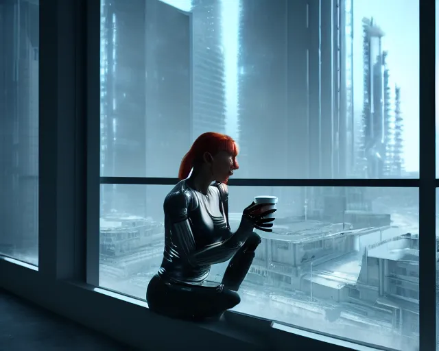 Image similar to a soft photo of a lifelike terminator cyborg lady with borg implants and optical fibers is drinking coffee near a window with dystopian city visible outside. very detailed 8 k. cyberpunk style. unreal engine render. global illumination. nanite. rtx. path tracing.