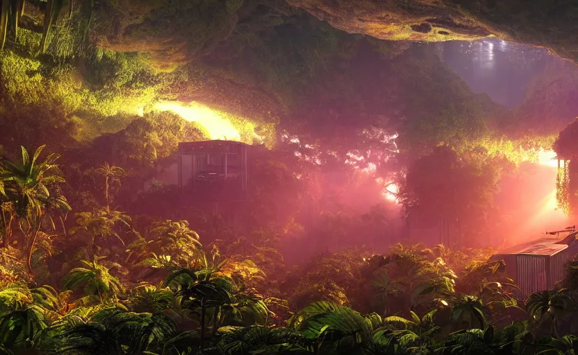 Prompt: a beautiful render of a sci - fi scientific industrial facility localized in a jungle cave, lush flora, patches of yellowish - red - magenta sky, sunset lighting, detailed, hazy, humid, volumetric lighting, god rays, 8 k, photorealistic, raytracing effects, rtx on