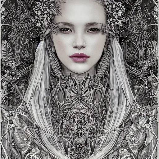 Image similar to the portrait of an incredibly beautiful, graceful, elegant, and sophisticated young woman made of garlic bulbs, an ultrafine detailed illustration by james jean, intricate linework, bright colors, final fantasy, behance contest winner, vanitas, angular, altermodern, unreal engine 5 highly rendered, global illumination, radiant light, detailed and intricate environment