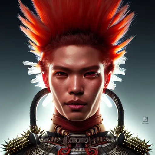 Image similar to portrait painting of a cyberpunk maori street samurai with spiky red hair, ultra realistic, concept art, intricate details, eerie, highly detailed, photorealistic, octane render, 8 k, unreal engine. art by artgerm and greg rutkowski and charlie bowater and magali villeneuve and alphonse mucha