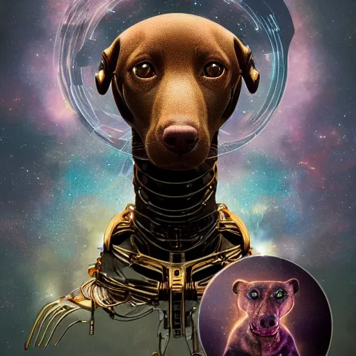 Image similar to a beautiful ultradetailed fine art photo of an ancient aztec hairless cybernetic cyborg dog set against galactic space, by tom bagshaw and anna dittman, portrait, soft backlighting, robotic arch around the dog, 5 0 mm lens, golden ratio composition, detailed faces, studio lighting, very detailed, industrial mechanical robot dogs, artstation, 8 k, highly coherent