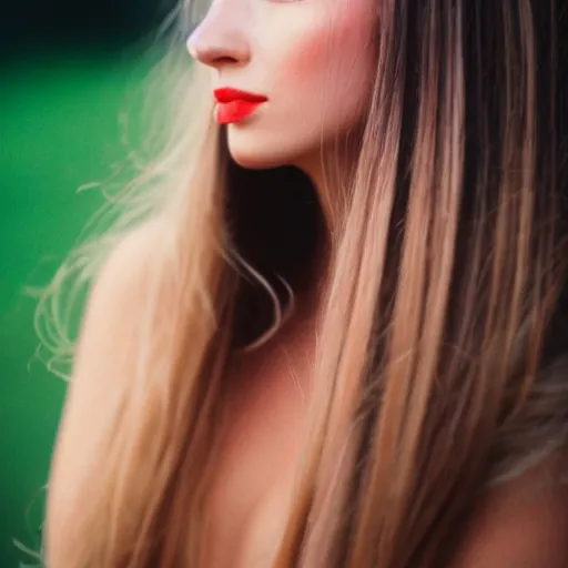 Image similar to outdoor portrait of a very beautiful young woman with gorgeous eyes, high cheek bones, flowing hair, lens flare, glow, dramatic lighting, 5 0 mm f 1. 2, fuji 4 0 0 h