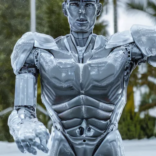 Image similar to made of ice, a realistic detailed photo of a guy who is an attractive humanoid who is half robot and half humanoid, who is a male android, on display, blank stare, showing off his muscles, shiny skin, posing like a statue, by the pool, frozen ice statue, f 1 driver max verstappen, humanoid robot