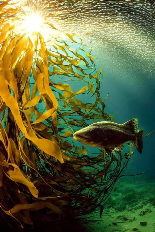 Prompt: beautiful photo of a cod swimming amongst kelp underwater in clear water with rays of sunshine