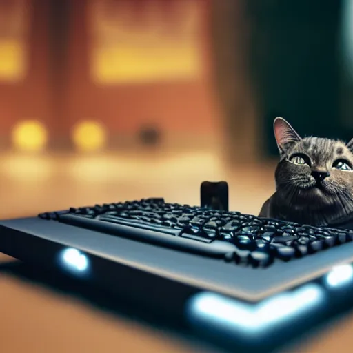 Image similar to a cat playing videogames with paws on a gaming keyboard and wearing a headset, photorealistic, instagram post 4k, highly detailed