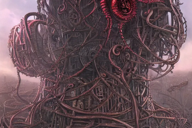 Prompt: lovecraftian biomechanical machine - tower with fleshy tendrils and eyeball at top overlooking dystopian wasteland, highly detailed, colorful with red hues