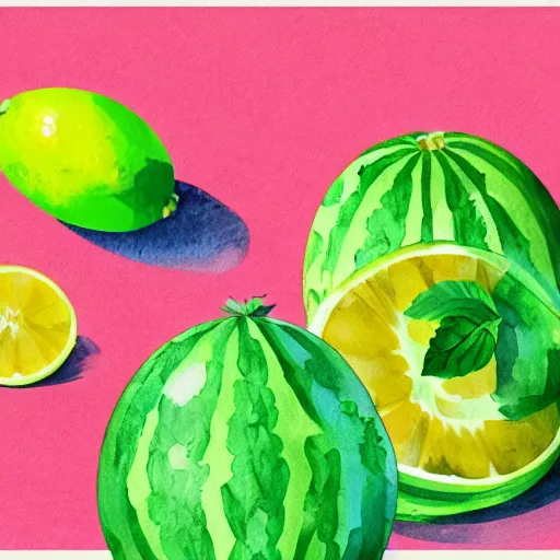 Prompt: retro, hd illustration of watermelons and lemons, mint leaves, inspired by watercolor masterpieces, matisse, colorful, happy, trending on artstation, 4 k