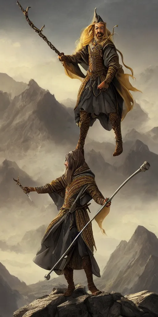 Image similar to A male wizard with a staff standing on a mountain peak over looking a kingdom, trending on artstation, digital art