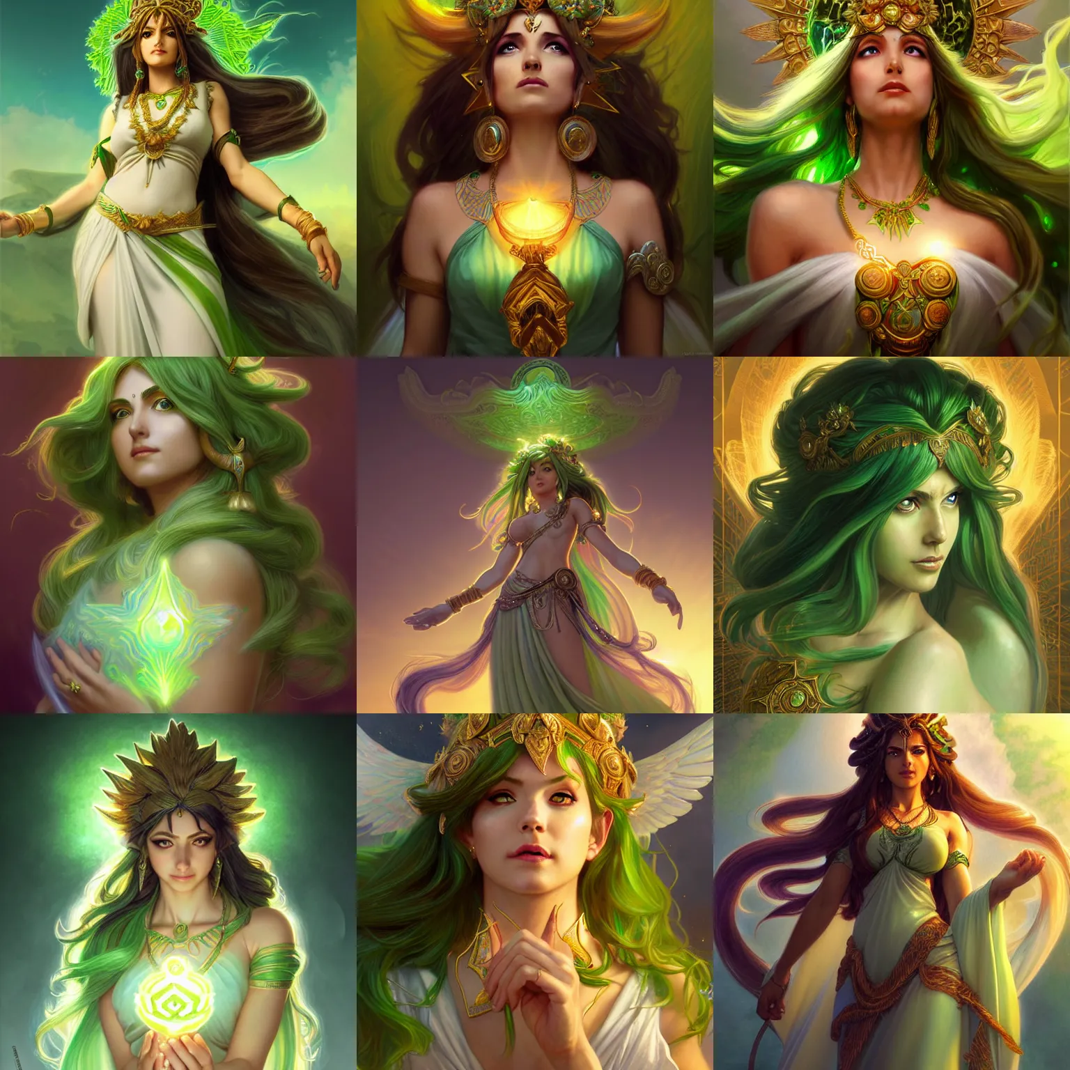 Prompt: lady palutena, goddess of light, green flowing hair, smug expression, d & d, fantasy, intricate, elegant, highly detailed, digital painting, artstation, concept art, matte, sharp focus, illustration, hearthstone, art by artgerm and greg rutkowski and alphonse mucha