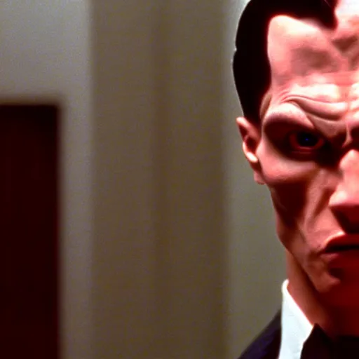 Image similar to a still of a Draconian in the American Psycho (2000), doing the Bateman stare, cinematic still, 4K Bluray