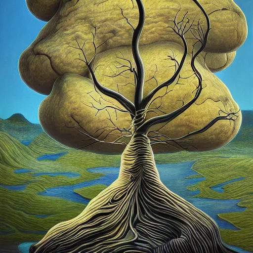 Image similar to Trending on artstation, award-winning, highly detailed, surrealist painting of a tree, in the style of Salvador Dalí