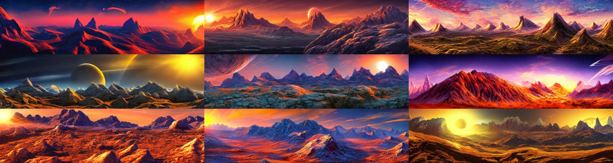 Prompt: wide angle view, beautiful alien planet mountain landscape with a majestic sun set, art, high detail, high definition, photorealistic, hdr, 16k