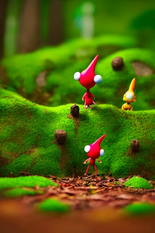 Image similar to claymation nintendo's pikmin on a forest floor, tilt shift photography