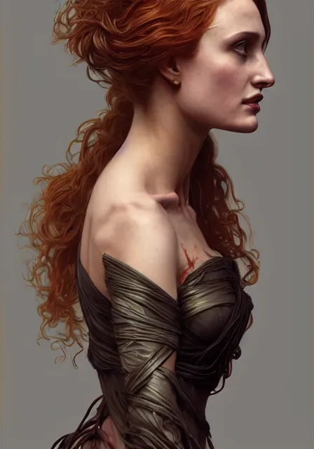 Image similar to sansa angeline jolie gessica chastain mummy zombie, intricate, elegant, highly detailed, digital painting, artstation, concept art, smooth, sharp focus, illustration, art by artgerm and greg rutkowski and alphonse mucha and william - adolphe bouguereau