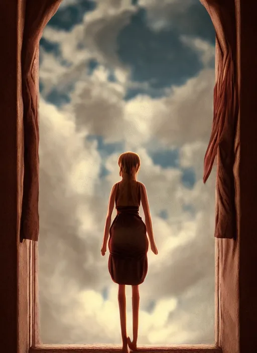 Image similar to a beautiful Cotton Mill Girl, symmetrical, centered, dramatic angle, ornate, details, smooth, sharp focus, illustration, realistic, cinematic, artstation, award winning, rgb , unreal engine, octane render, cinematic light, macro, depth of field, blur, red light and clouds from the back, highly detailed epic cinematic concept art CG render made in Maya, Blender and Photoshop, octane render, excellent composition, dynamic dramatic cinematic lighting, aesthetic, very inspirational, arthouse by Henri Cartier Bresson