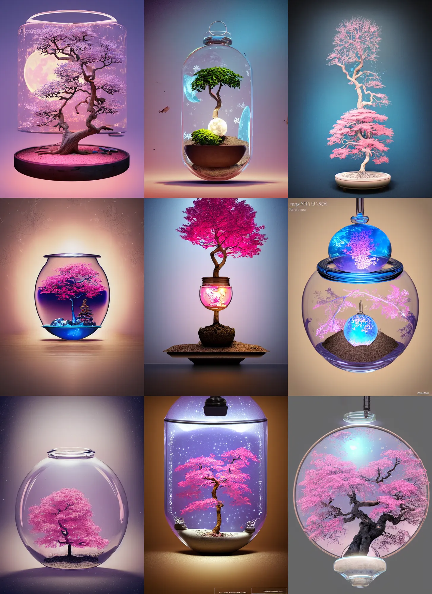 Prompt: pink and blue maple bonsai tree inside a steampunk glass jar, full moon buried in sand, morrocan lamp, intricate detail, snowflakes, hyper detailed, ultra realistic, sharp focus, octane render, lantern, volumetric, ray tracing, artstation trending, moon, pocketwatch, cgsociety, sense of awe, mystical, moon, 4 k