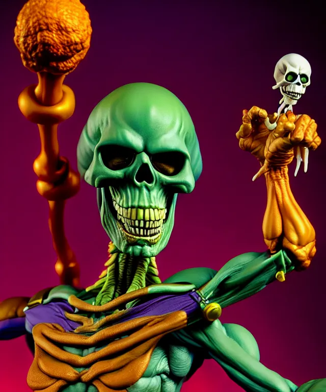 Image similar to hyperrealistic rendering, skeletor, by art of skinner and richard corben and jeff easley, product photography, action figure, sofubi, studio lighting, colored gels