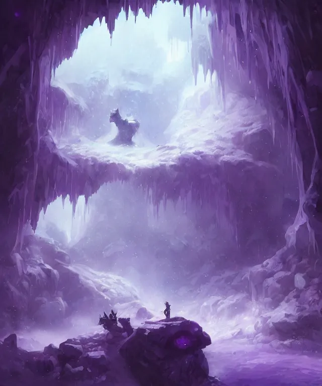 Image similar to The benevolent purple amethyst spirit in a magical crystal icy cave, tense cinematic composition, by Andreas Rocha