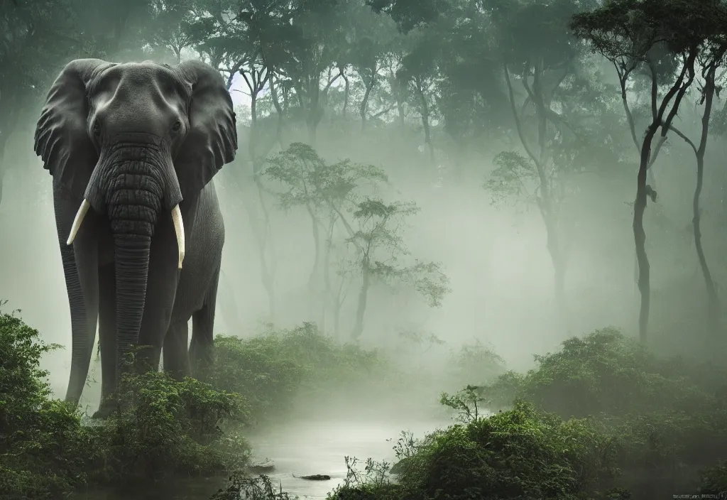 Image similar to an enormous elephant king, in a jungle with ominous light from above, ambient light, fog, river, very poetic