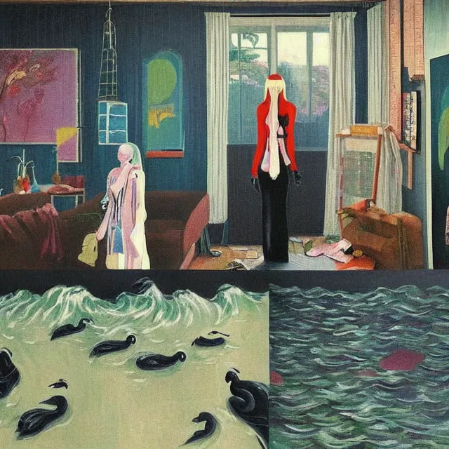 Image similar to tall female emo artists in their flooded apartment, painting of flood waters inside an artist's home, a river flooding indoors, pomegranates, pigs, ikebana, zen, water, octopus, river, rapids, waterfall, black swans, canoe, berries, acrylic on canvas, surrealist, by magritte and monet