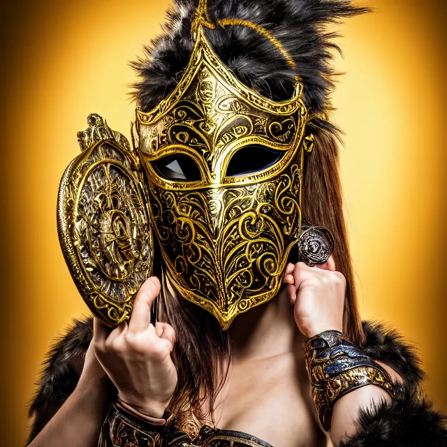 Image similar to female warrior with ornate venetian mask highly detailed, 4 k, hdr, close up, portrait, smooth, sharp focus, high resolution, award - winning photo