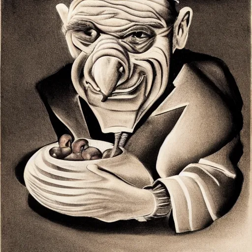 Image similar to samuel beckett's features on the face of a roast pig with an apple in its mouth