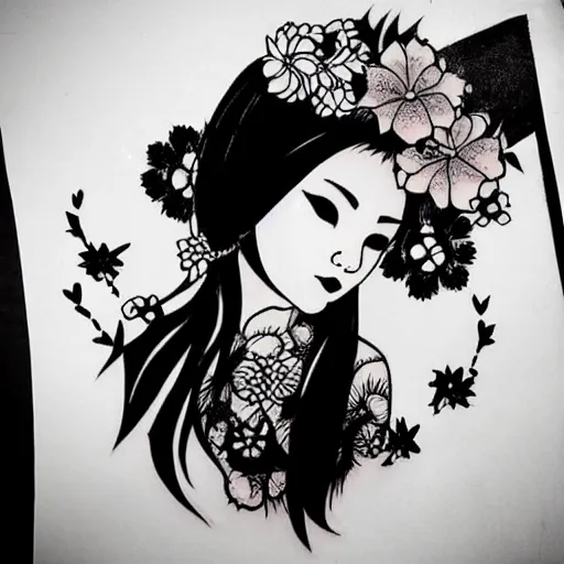 Prompt: tattoo design, stencil, stencil on paper, tattoo stencil, traditional, beautiful portrait of a traditional Japanese girl with flowers in her hair, upper body, by artgerm, artgerm, artgerm, digital art, cat girl, anime eyes, anime, sexy, super model-s 100